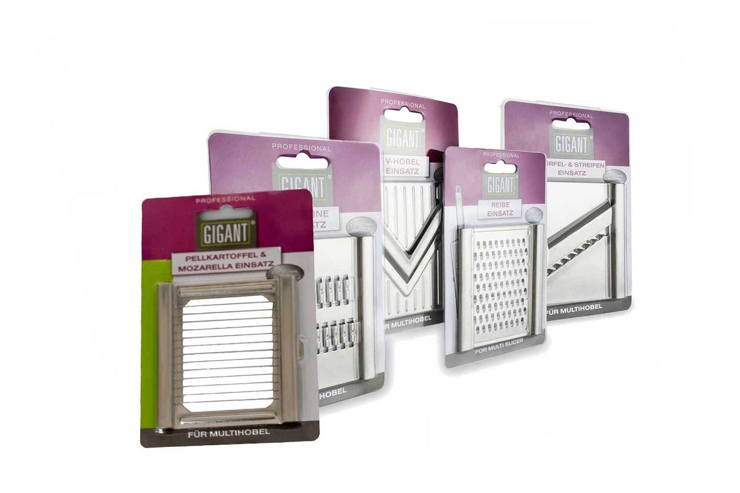 4-in-1 Vegetable Slicer Giant Multi Cutter Muxel's Super Mega Set with 6 additional inserts in the convenient multi-box + lilac multi peeler.