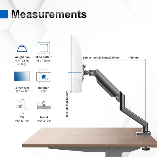 GRIFEMA Monitor Mount, for 13-32 inch Screen, Monitor Stand, Height Adjustable, Rotatable Monitor Arm, Max 9Kg, Screen Mount Vesa 75x75 / 100x100, Black