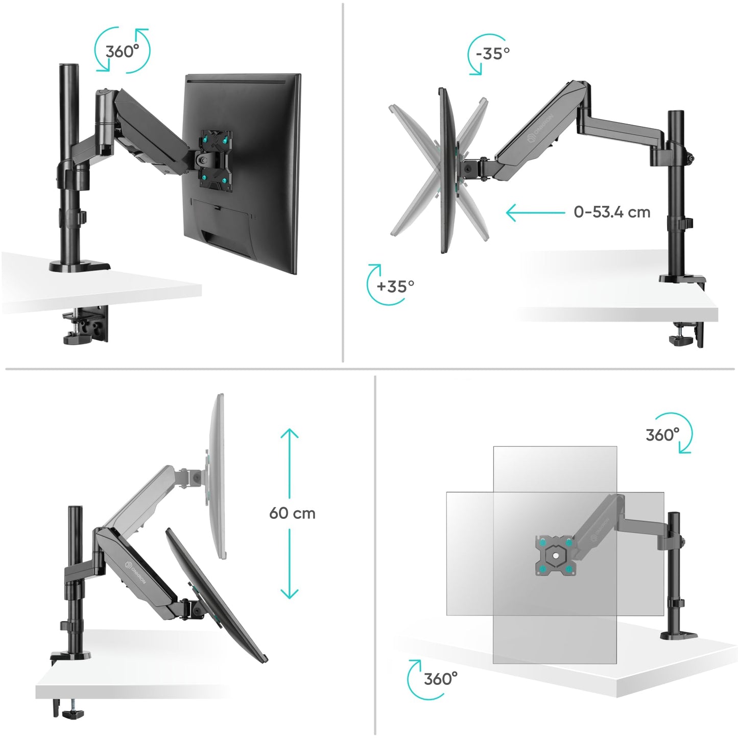 ONKRON PC monitor stand vertical for 13-34 inch screen up to 8 kg, monitor desk mount VESA 75x75 & 100x100 - screen mount 1 monitor swivel arm tilt rotation Black G70-B