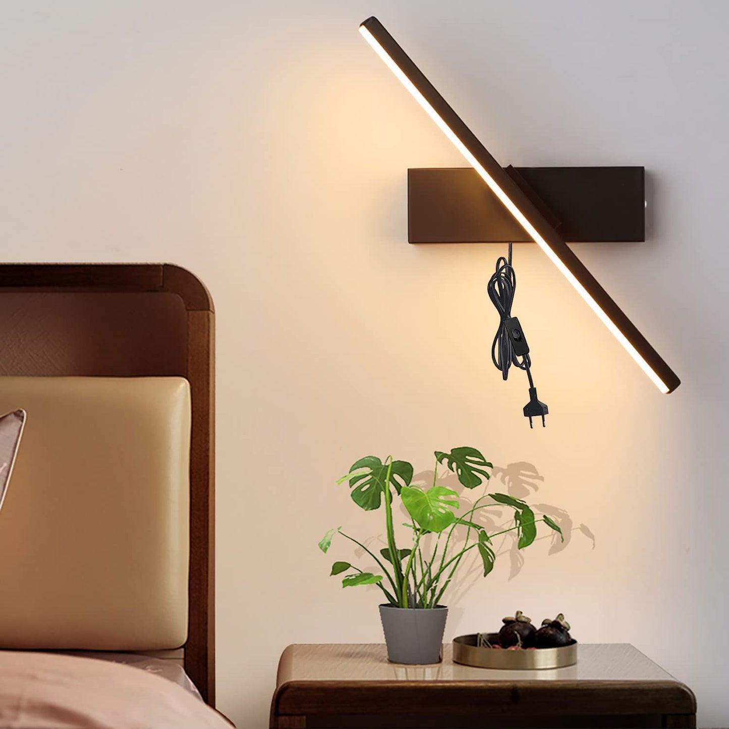 LYTLM Bedroom Wall Light with Plug and Cable, LED Mirror Light with Switch, Dimmable Bedside Lamp Indoor Reading Lamp Bathroom Wall Light Children's Room Wall Lighting 330° Rotatable 6W (Black)