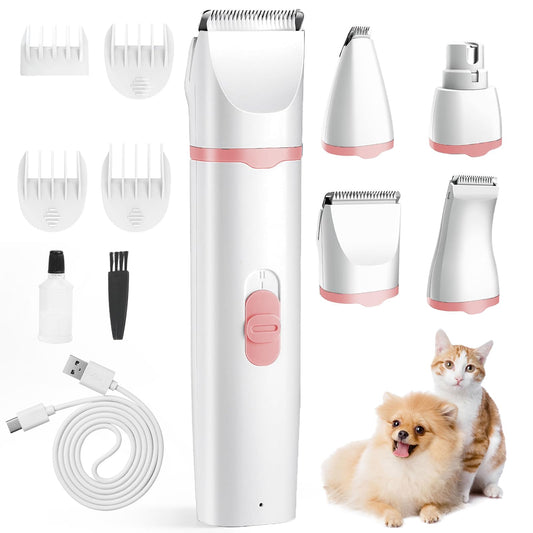 Airminti cat clipper for small & medium-sized dogs cats, USB rechargeable cat shaver with 4 removable multifunctional cutting heads, pet clipper for eyes/ears/paws/nails (Pink)