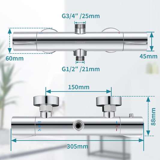 Shower Thermostat Mixer Tap Chrome, Dolinvo Shower Faucet Mixer with 38°C Safety Button & 2 Outlets, Round Shower Thermostat Mixer with Scald Protection & Water Saving Function