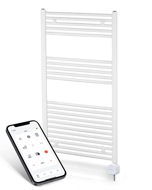 Electric bathroom radiator - WiFi control via APP - Towel radiator - Electric bathroom heating - Towel heater - Made in Germany - Curved towel warmer White 1175 × 500 mm