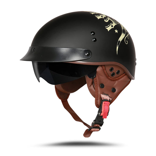 BOSERMEM motorcycle helmet with goggles DOT/ECE approved, open face helmet scooter moped chopper vintage (Matte black lucky bull head, XXL 63-64cm)