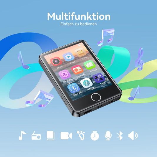 AGPTEK 64GB MP3 Player with Bluetooth 5.3, 2.8" Full Touchscreen, Portable HiFi Music Player for Kids with Speaker, FM Radio, E-Book, Line-in Recording, Supports 128GB, Black