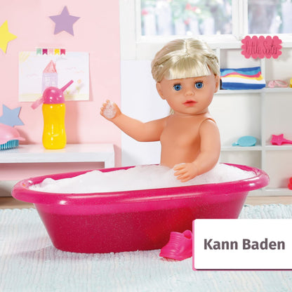 BABY born Kindergarten Little Sister doll with hair and functions, no batteries required. Includes accessories. Suitable for children aged 3 and up. 36 cm tall. Zapf Creation product number 828533.