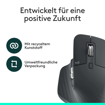 Logitech MX Master 3S - wireless performance mouse with ultra-fast scrolling, ergonomic design, 8K DPI, glass tracking, quiet clicks, USB-C, Bluetooth, compatible with Windows, Linux, Chrome - Dark Grey, 1-pack