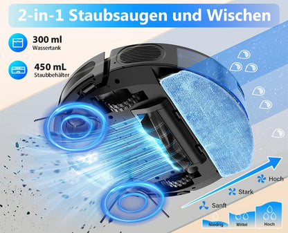 Tikom robot vacuum with mopping function 2 in 1, G8000 Max vacuum robot, 5000Pa strong suction robot vacuum cleaner, Self-charging, WiFi, 150Mins Max, Ideal for pet hair, carpet, hard floor.