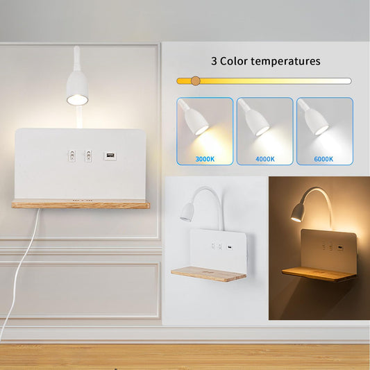 White LED indoor wall light with plug, bedroom wall lamp with USB ports and 10W wireless charger, adjustable and flexible swan-neck reading lamp, 3000K bedside lamp with backlight.