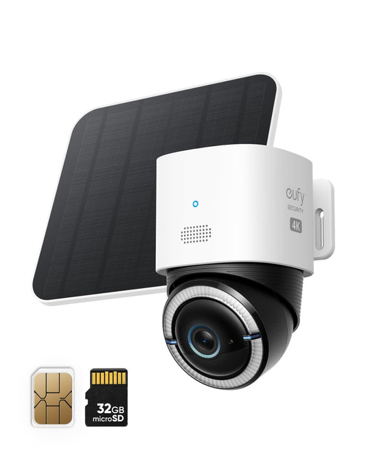 eufy 4G LTE surveillance camera with Wi-Fi, 4K UHD pan-tilt function, wireless, solar-powered with solar panel, AI-based person/vehicle tracking, includes SIM card