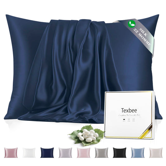 Texbee silk pillowcase 50x75cm for hair and skin, Silk Pillowcase Both Sides Natural Silk Pillowcase with hidden zipper Soft Breathable Smooth Pillowcase-Navy Blue