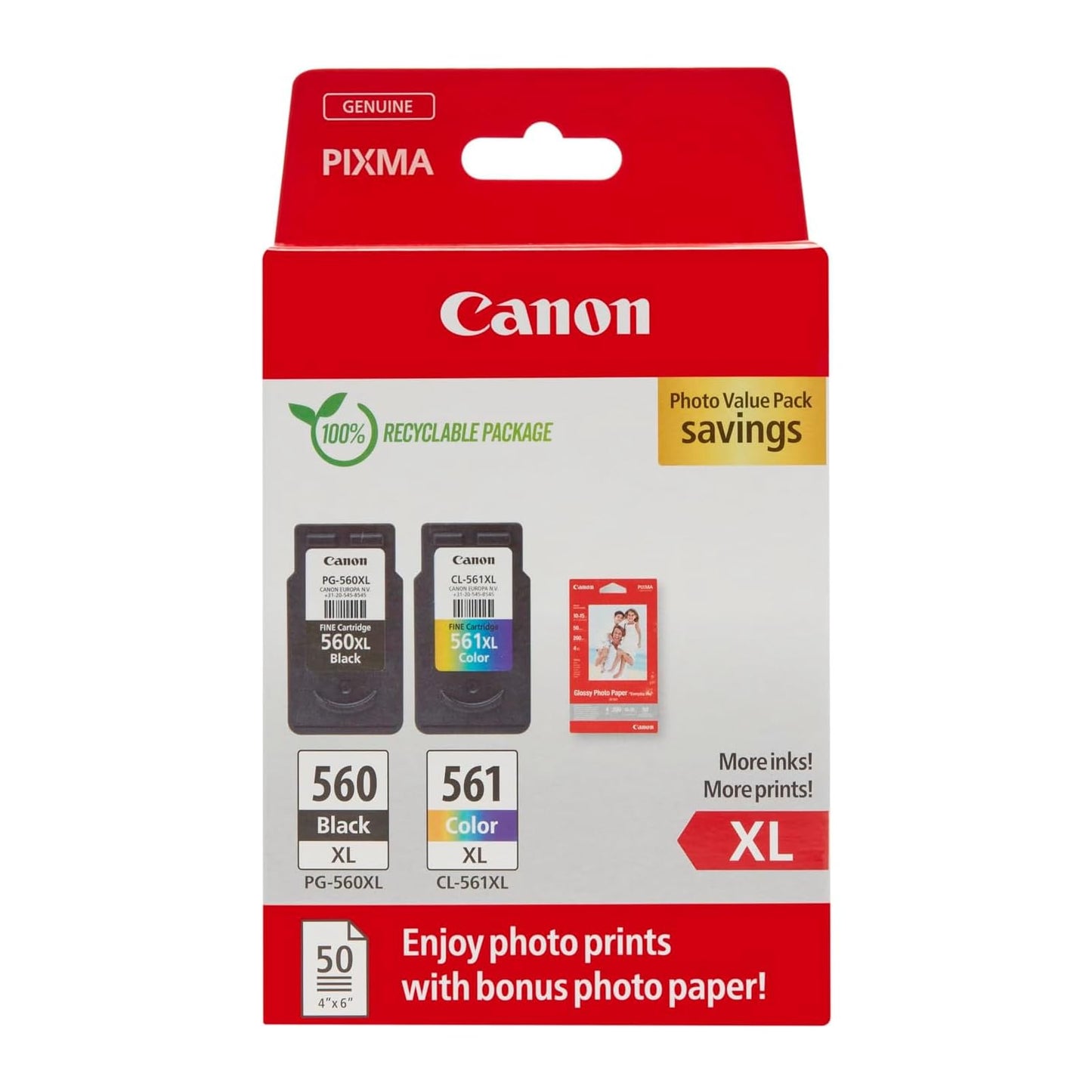 Canon Ink & Paper Multipack - PG-560XL/CL-561XL Original Printer Ink Cartridges 2-Pack (1 x Black XL, 1 x Color XL ink cartridges) & 4x6 Photo Paper (50 Sheets)