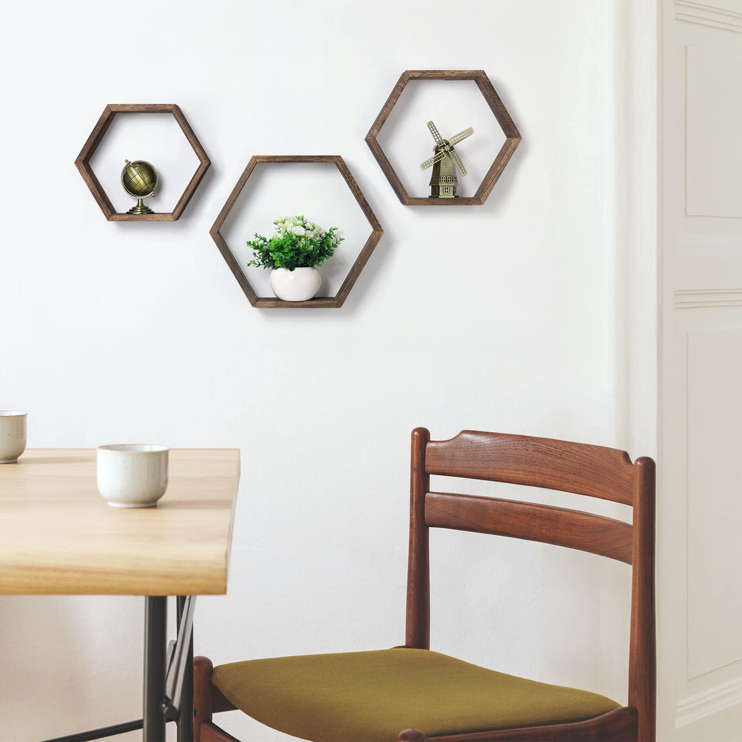 YBING Floating Hexagon Shelf Wooden Wall Shelf (Brown-6 Pack)