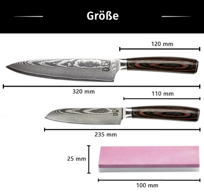 ZEUS Damascus Knife Set 2 pieces (32 cm and 24 cm) Professional Damascus kitchen knives made of authentic 67-layer Damascus steel I with chef's knife, Santoku knife, Pakka wood handle, and sharpening stone.