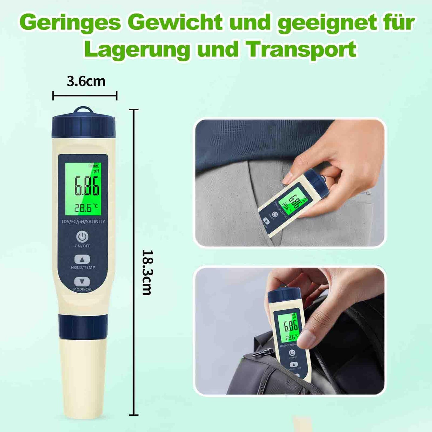 pH meter water, 5 in 1 pH/TDS/EC/Salinity/Thermometer tester with LCD display. Automatic temperature compensation, high precision for testing drinking water, pools.