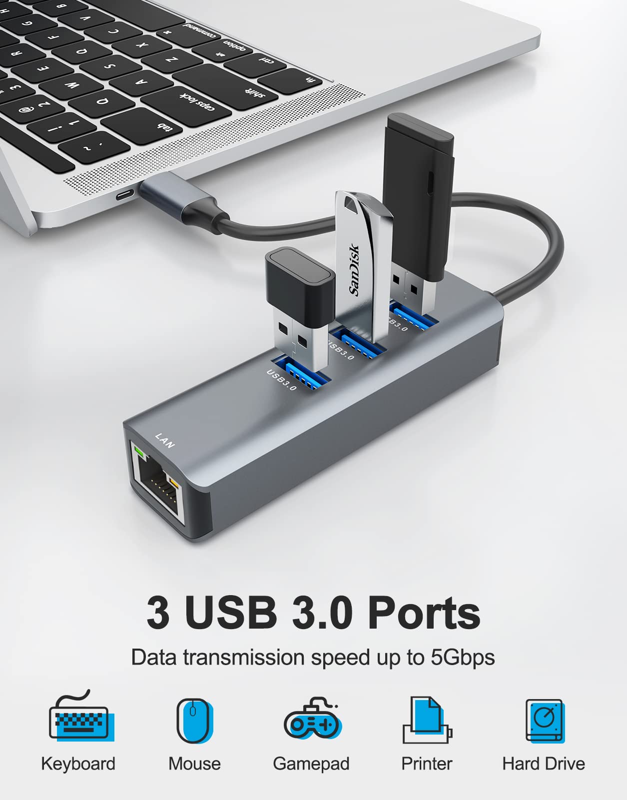 ABLEWE USB C Ethernet Hub, 4 in 1 USB C to Ethernet Adapter with 3 USB 3.0 ports and RJ45 Gigabit Ethernet LAN Network Adapter for MacBook, MacBook Pro, Chromebook Pixel, Laptop, and more devices.