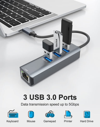 ABLEWE USB C Ethernet Hub, 4 in 1 USB C to Ethernet Adapter with 3 USB 3.0 ports and RJ45 Gigabit Ethernet LAN Network Adapter for MacBook, MacBook Pro, Chromebook Pixel, Laptop, and more devices.