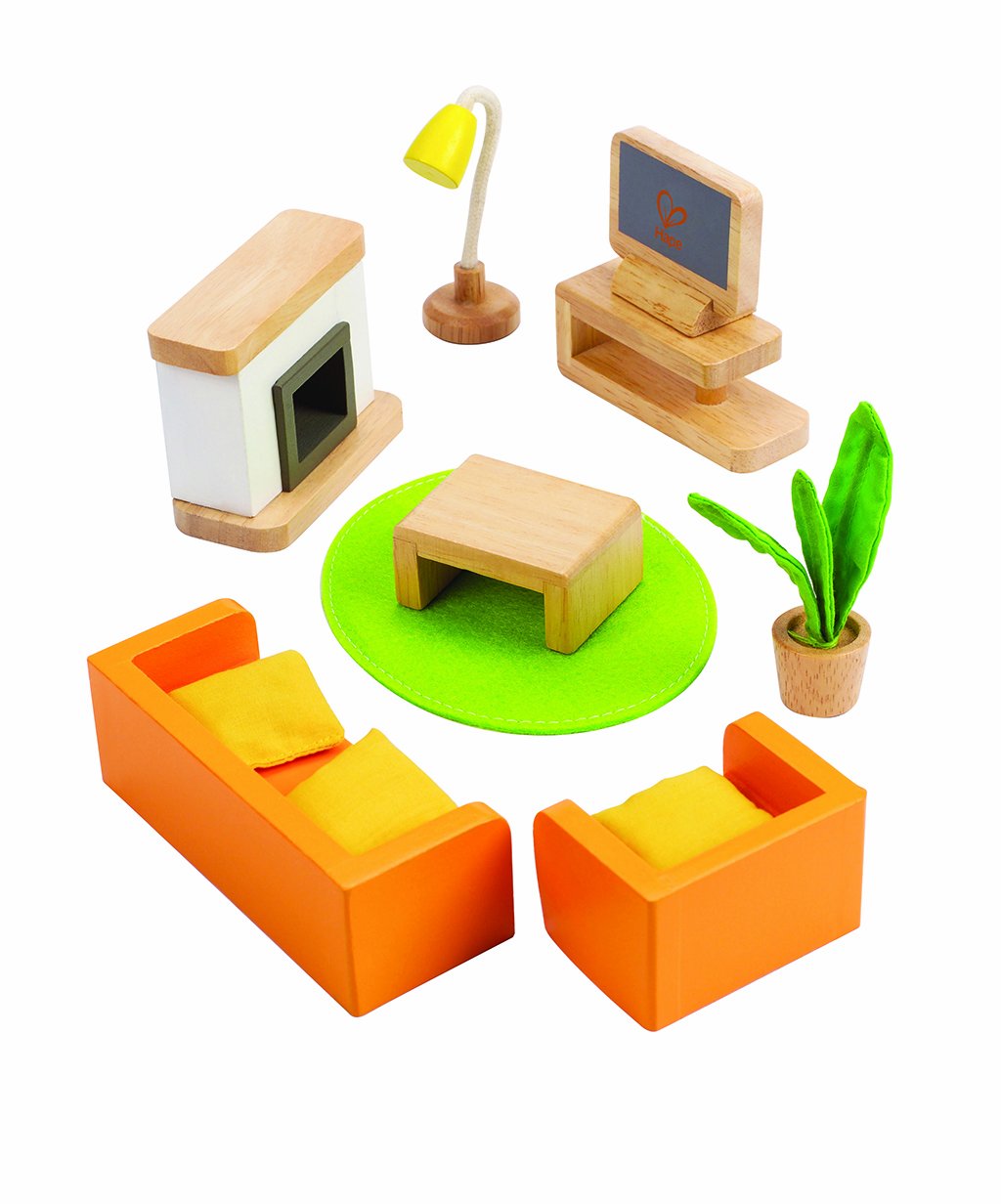 Hape Wooden Dollhouse Living Room, compatible with all popular dollhouses, for ages 3 and up.