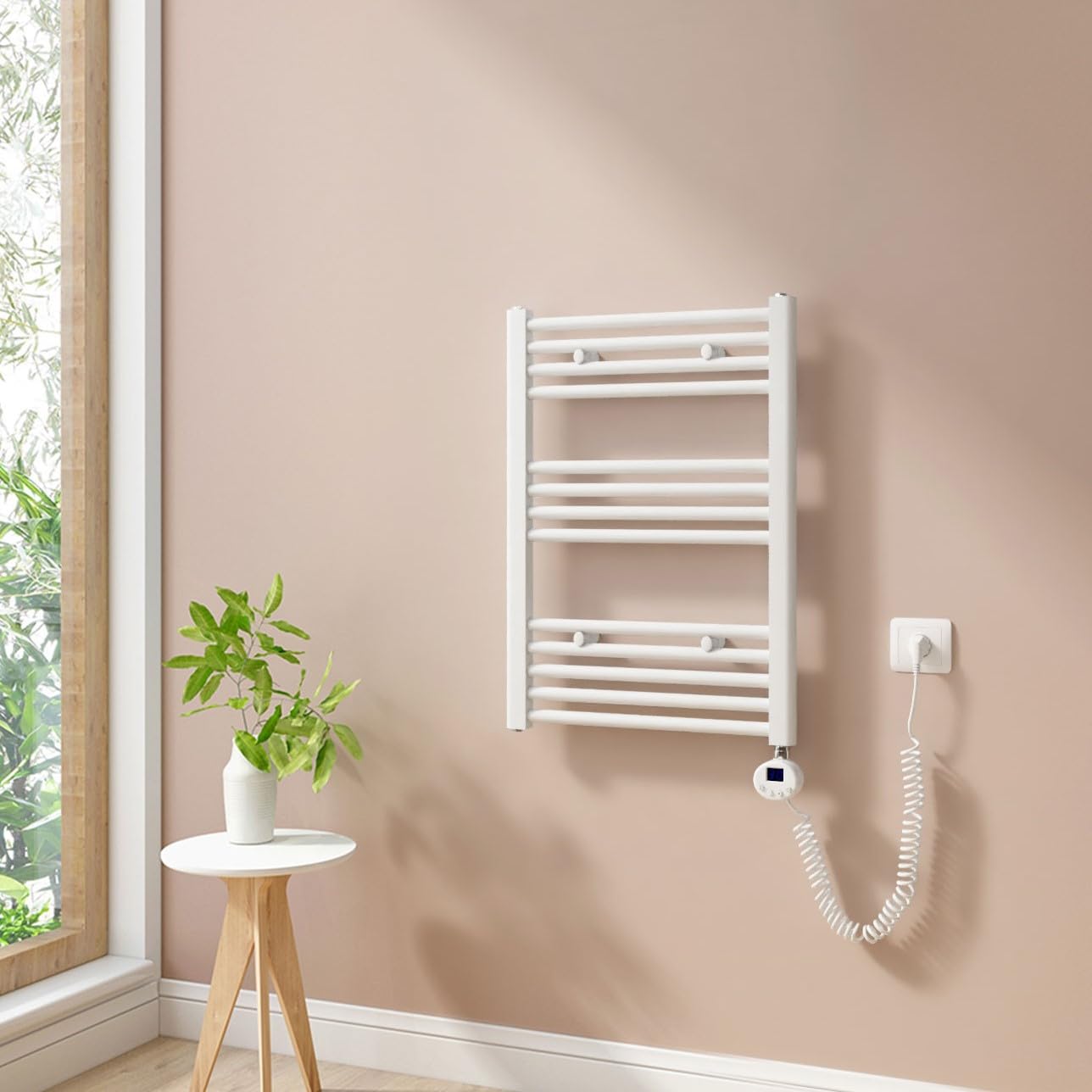 Heilmetz electric towel warmer 70x50cm with digital thermostat and timer function. Straight white towel radiator 284W.