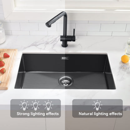 Kitchen sink, 1 basin, 70 x 44 cm, Auralum stainless steel sink with drain and plug, washbasin, for kitchen installation, with floral or undermount design, black sink