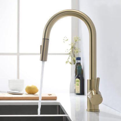 TIMACO Brushed Gold Kitchen Faucet with Pull-Out Sprayer Kitchen Sink Faucet 360° Swivel Mixer Tap for Kitchen Sink Single Handle Faucet for Kitchen Sink Dishwashing Faucet