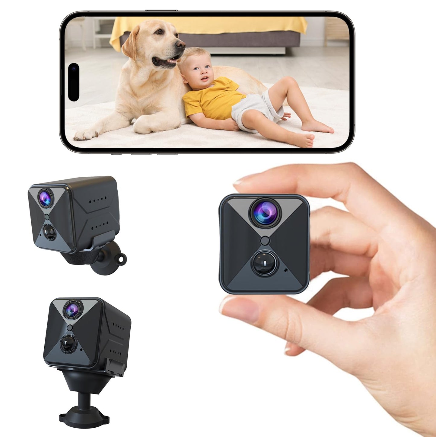 aidowocam Mini Camera Full HD Surveillance Camera Indoor Security Camera Live Transmission Mobile APP 60 Days Long Standby Battery WiFi Camera with Motion Detector Night Vision for Home Security