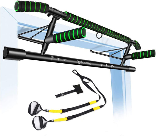 Pull-up bar for door frame - Heavy-duty pull-up bar [up to 200 KG] - Includes suspension trainer Professional training belt set - Fitness equipment for home Secure attachment without drilling.