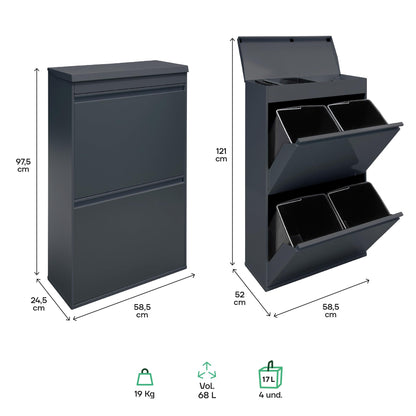 ARREGUI Top CR624-B Steel Recycling System with Storage Box with Lid | 4 Compartments Trash Can for Kitchen | 4x17 L (68 L) | 4 Compartment Waste Bin | Removable Inner Bins with Handles | anthracite