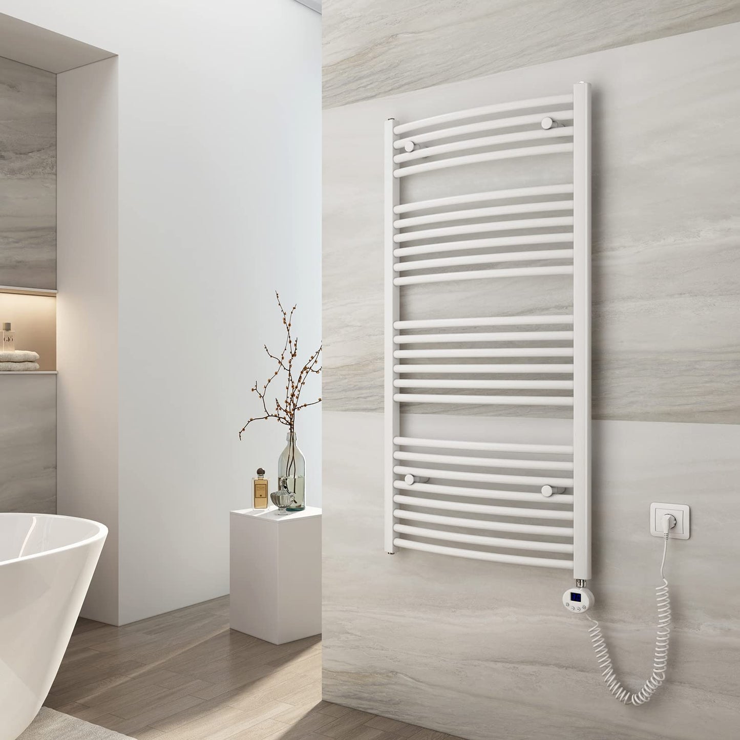 EMKE Electric Towel Warmer 120x60 cm, Curved Bathroom Electric Heater with Thermostat, Towel Dryer Towel Warmer with Timer White 600 Watt