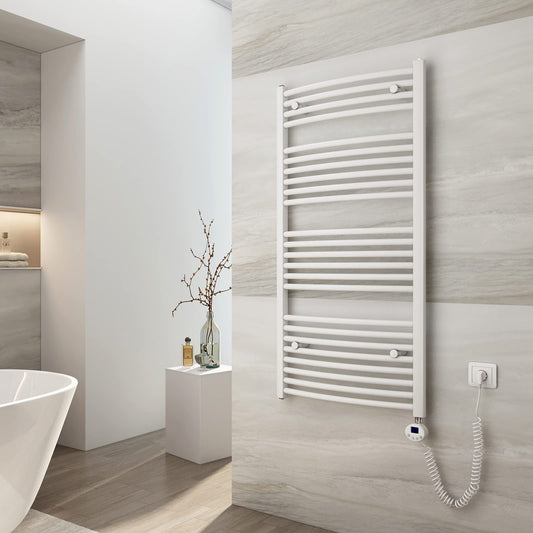 EMKE Electric Towel Warmer 120x60 cm, Curved Bathroom Electric Heater with Thermostat, Towel Dryer Towel Warmer with Timer White 600 Watt