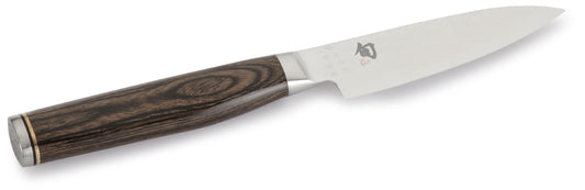 KAI Shun Premier Tim Mälzer Japanese utility knife 10 cm blade length - VG-MAX core 61 (±1) HRC, 32 layers of polished damascus steel - medium brown pakkawood handle - hammer finish surface - Made in Japan
