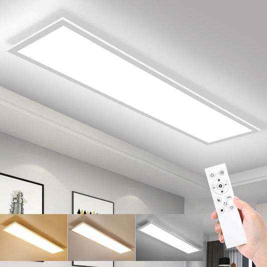 IEGLED LED ceiling light panel, 100x25cm flat dimmable ceiling lamp with remote control, 30W ceiling panel light with memory function, 2700K-6500K LED light panel for living room, hallway, bedroom, White