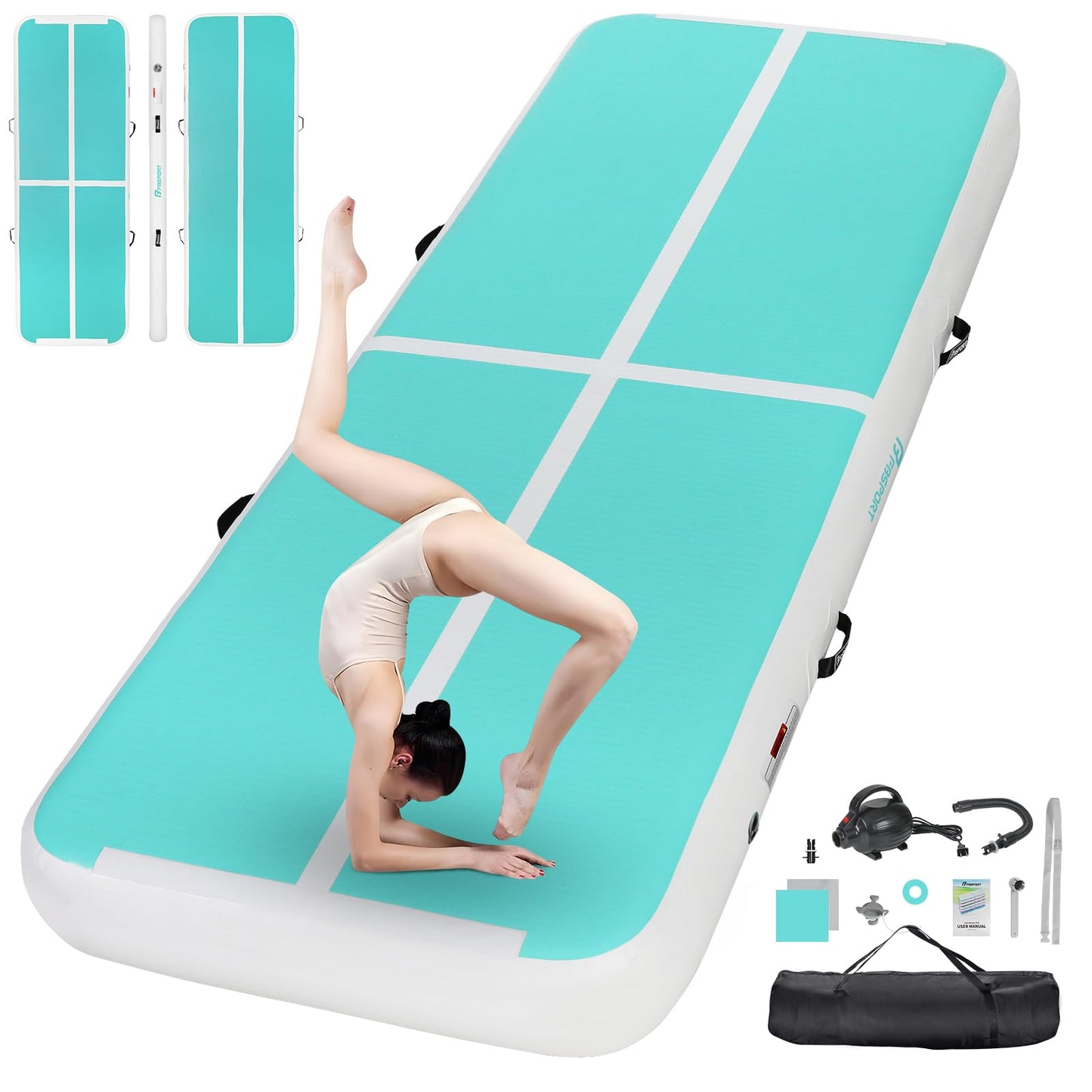 FBSPORT Airtrack Mat, 10cm Thickening 3M Tumbling Mat, Gymnastics Mat with Air Pump, Training Mat with Carry Bag, Exercise Mat for Home, Outdoor, Yoga