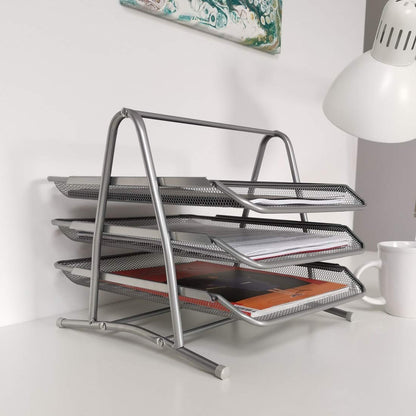 D.RECT 110486 Metal Storage Trays Stackable - Office Desk Organizer - Desk Tray - 3 Drawers Letter Tray Document Tray A4 Organizer Mesh - Paper Tray Silver File Tray
