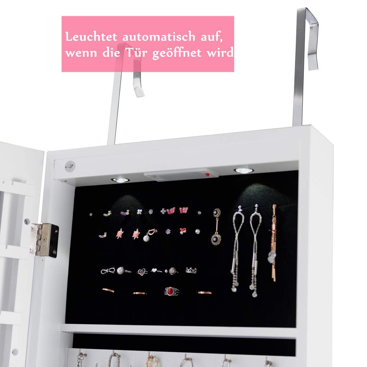 RELAX4LIFE Hanging Jewelry Cabinet, Mirror Cabinet with LED Lighting & Mirror & Lock, Jewelry Organizer for Earring & Bracelet & Necklace & Ring & Cosmetics, Door & Wall Mount, 120x35.5x10cm (White)