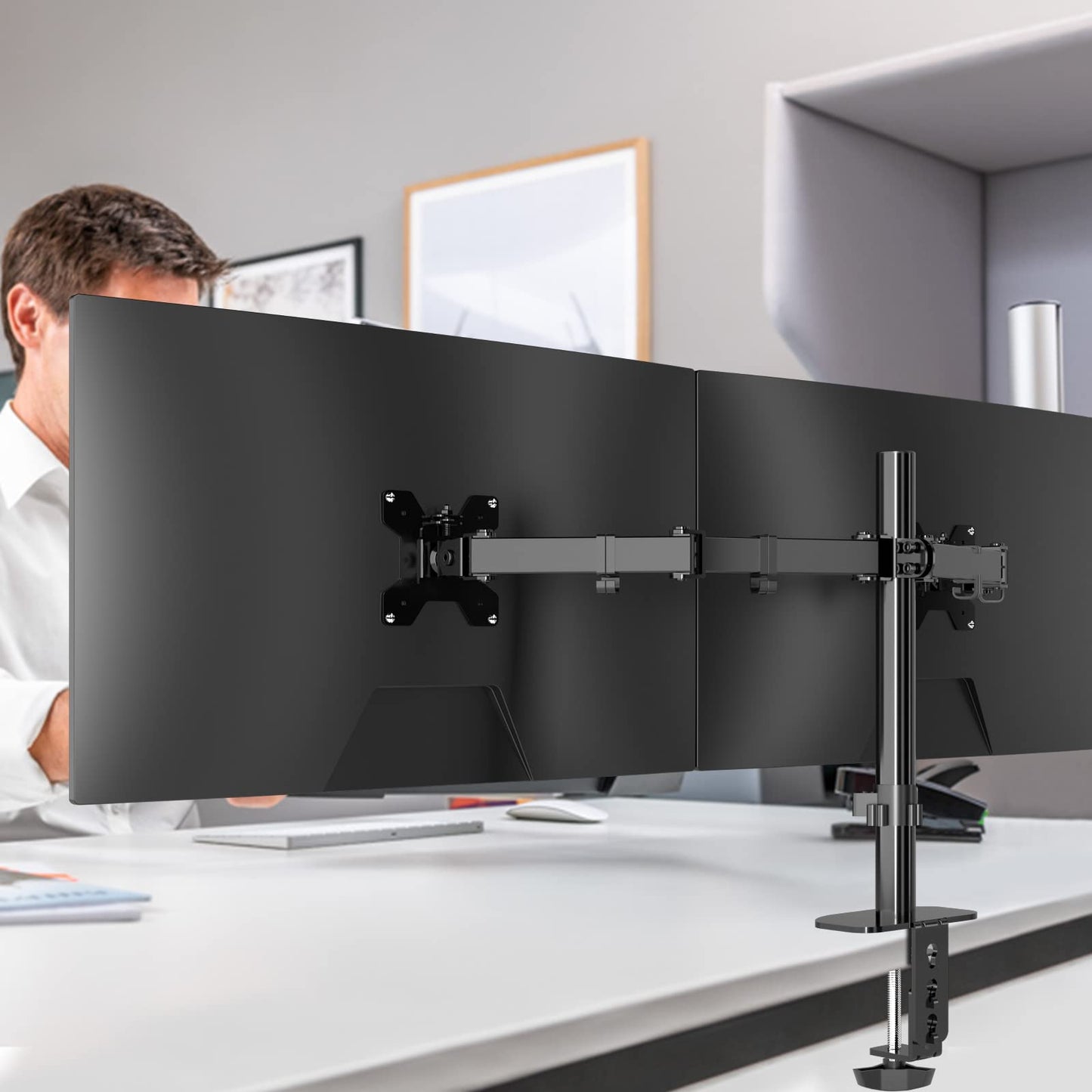 Pholiten monitor arm for 13-27 inch LED LCD screen up to 10 kg, dual monitor mount, height adjustable swivel tilt desk monitor stand, max VESA 100x100mm.
