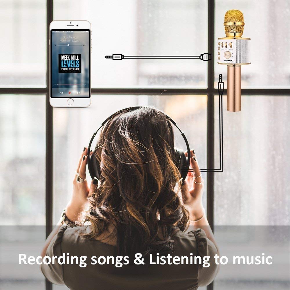 BONAOK Wireless Bluetooth Karaoke Microphone, Portable 3 in 1 Karaoke Handheld Mic Birthday Gift Home Party Auto Karaoke Mic for iPhone/Android/iPad/PC/Smartphone (Light Gold)