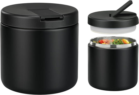 Itslife 560ml stainless steel insulated food jar with buckle cover, wide mouth design, suitable for cold & hot food, leak-proof lunch container for kids, in black.