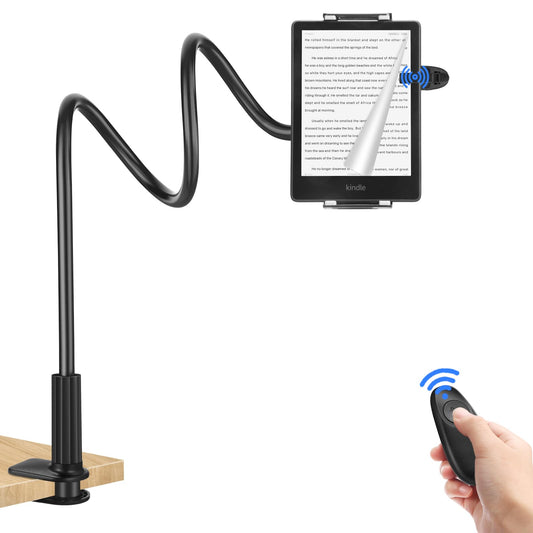 MAHYKO flexible tablet holder for Kindle reading in bed with RF remote page turner, eReader stand with page turning, flexible arm stand for Kindle accessories Paperwhite, Tolino, Kobo