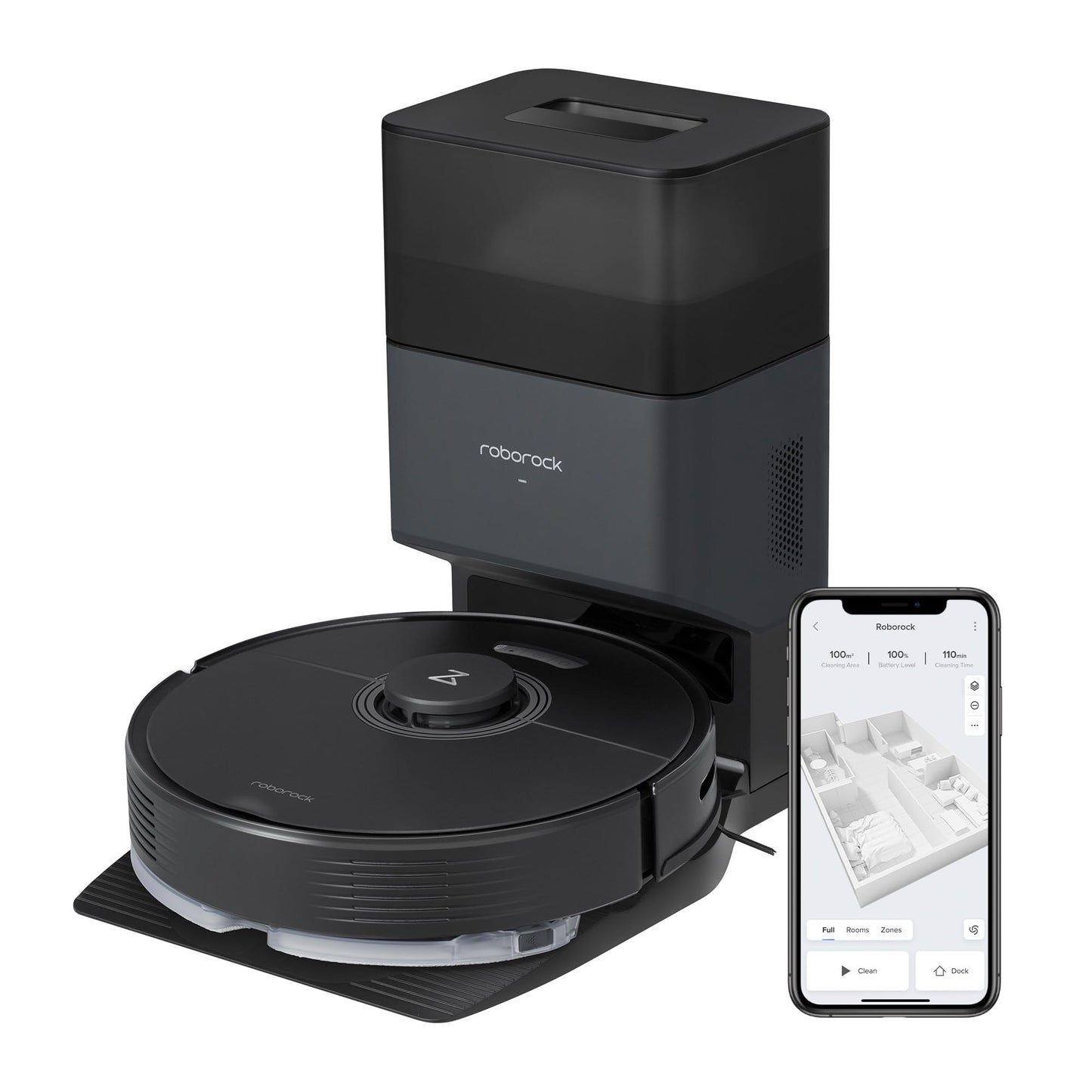 Roborock Q7 Max+ robot vacuum with self-emptying station, rubber brush, 4200Pa suction power, vacuuming mop robot PreciSense LiDAR navigation & 3D mapping, carpets, pet hair, App/Alexa control (Black)