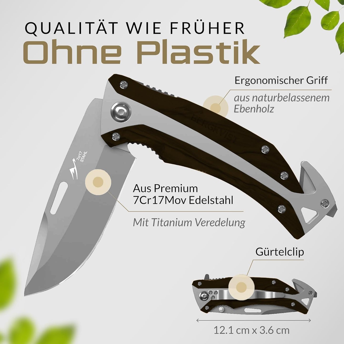 BERGKVIST® K30 Folding Knife (Two-Hand Knife) - Carry allowed in Germany - 3-in-1 pocket knife for outdoor, camping & survival with firesteel & belt pouch - Handle made of ebony