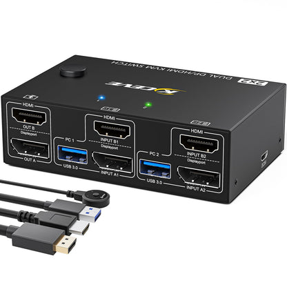 YOUTINGHDAV USB 3.0 Dual Monitor 2x2 KVM Switch HDMI DP, KVM Switch 2 PC 2 Monitors, KVM Switches Displayport 4K@144Hz + HDMI 4K@60Hz with 4 USB 3.0 Ports for sharing mouse, keyboard, and 2 monitors between 2 PCs.