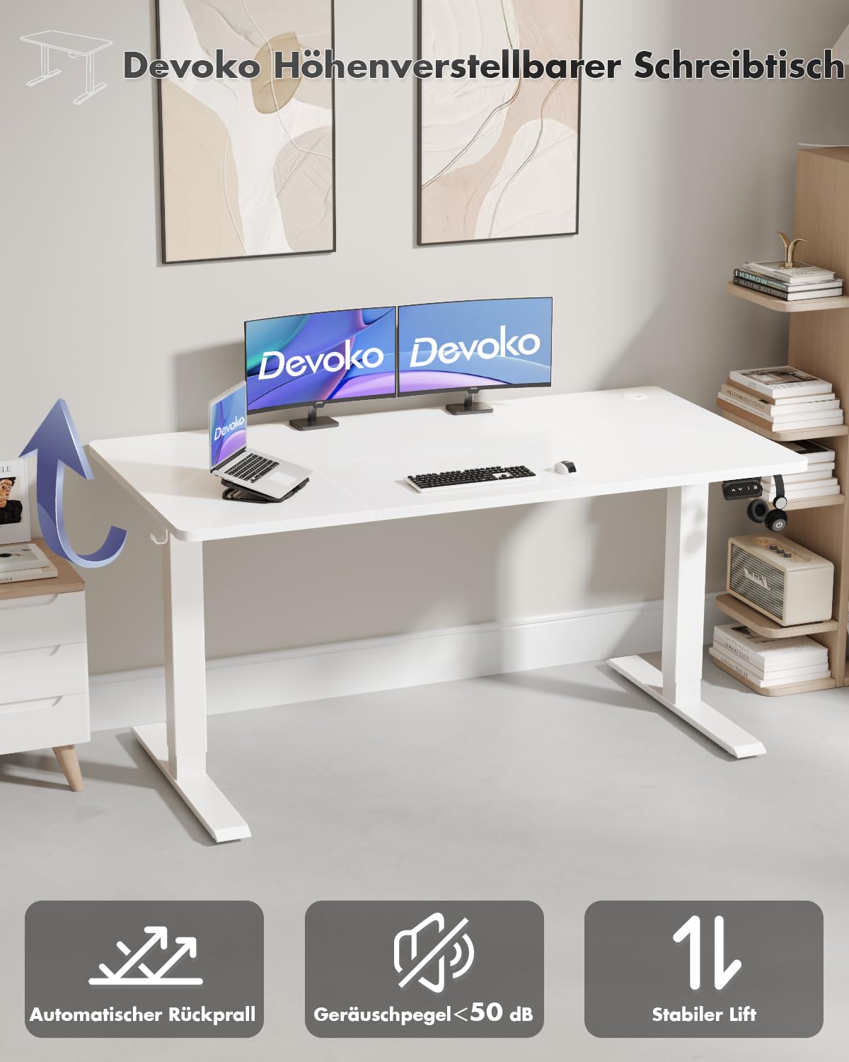 Devoko Height Adjustable Desk, Electric Standing Desk Adjustable Height Table, Sit-Stand Office Desk, Computer Desk with Memory Function, Standing Desk, Office Desk, 100 x 60 cm, White