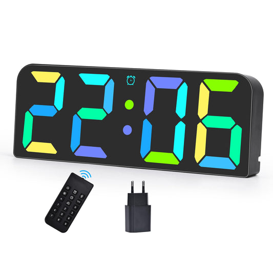 U-picks digital wall clock with adapter & remote, LED digital clock with large numbers display, adjustable brightness, three alarm sets. Digital wall clock desk clock for home - black.