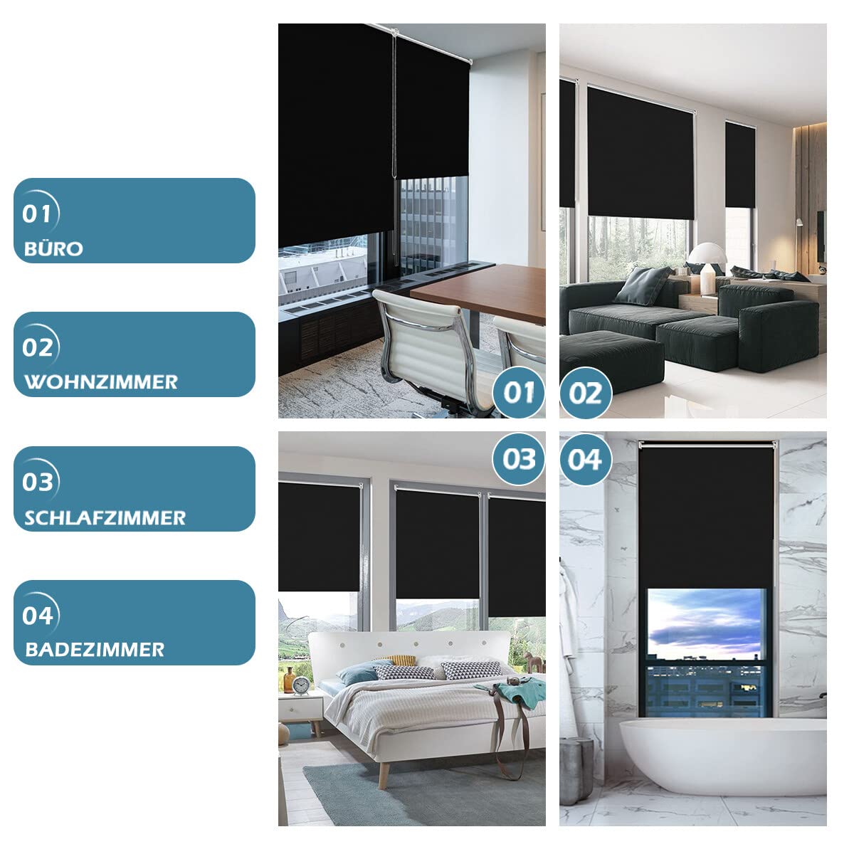 smartdemo blackout roller blind without drilling & with drilling, clamp roller blind window blind black 120x150cm (WxH), thermal roller blind privacy and sun protection, clamp roller blinds for windows & doors
