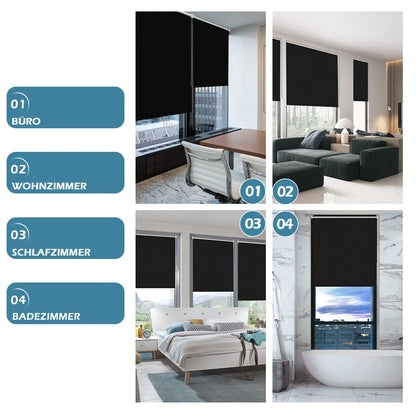 smartdemo blackout roller blind without drilling & with drilling, clamp roller blind window blind black 120x150cm (WxH), thermal roller blind privacy and sun protection, clamp roller blinds for windows & doors
