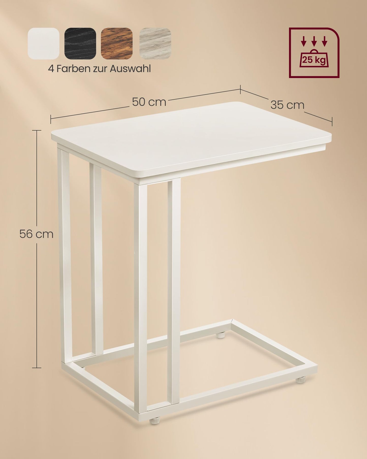 VASAGLE Side Table, C-Shaped Sofa Table with Wheels, Mobile Coffee Table, 35 x 50 x 60 cm, Living Room Table with Metal Frame, for Coffee and Laptop, Modern, Cream White LNT050W77