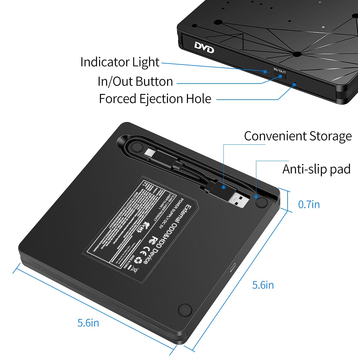 External USB 3.0 DVD Drive for Laptop PC Computer, Portable External DVD Drive CD-ROM Burner with low noise for Windows 11/10/7/8/XP Mac MacBook.