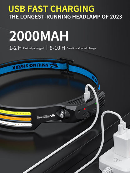Smiling Shark headlamp, 230° wide angle 3-color LED strip 2 pack headlight rechargeable with waterproof headlamp for camping, jogging, fishing, LED headlight camping headlamp