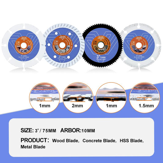 75mm saw blade set - 4 pieces. Diamond cutting disc/wood cutting disc/HSS circular saw blade/metal cutting disc with 10mm bore for concrete, masonry, wood, plastic, metal cutting. VENJELD